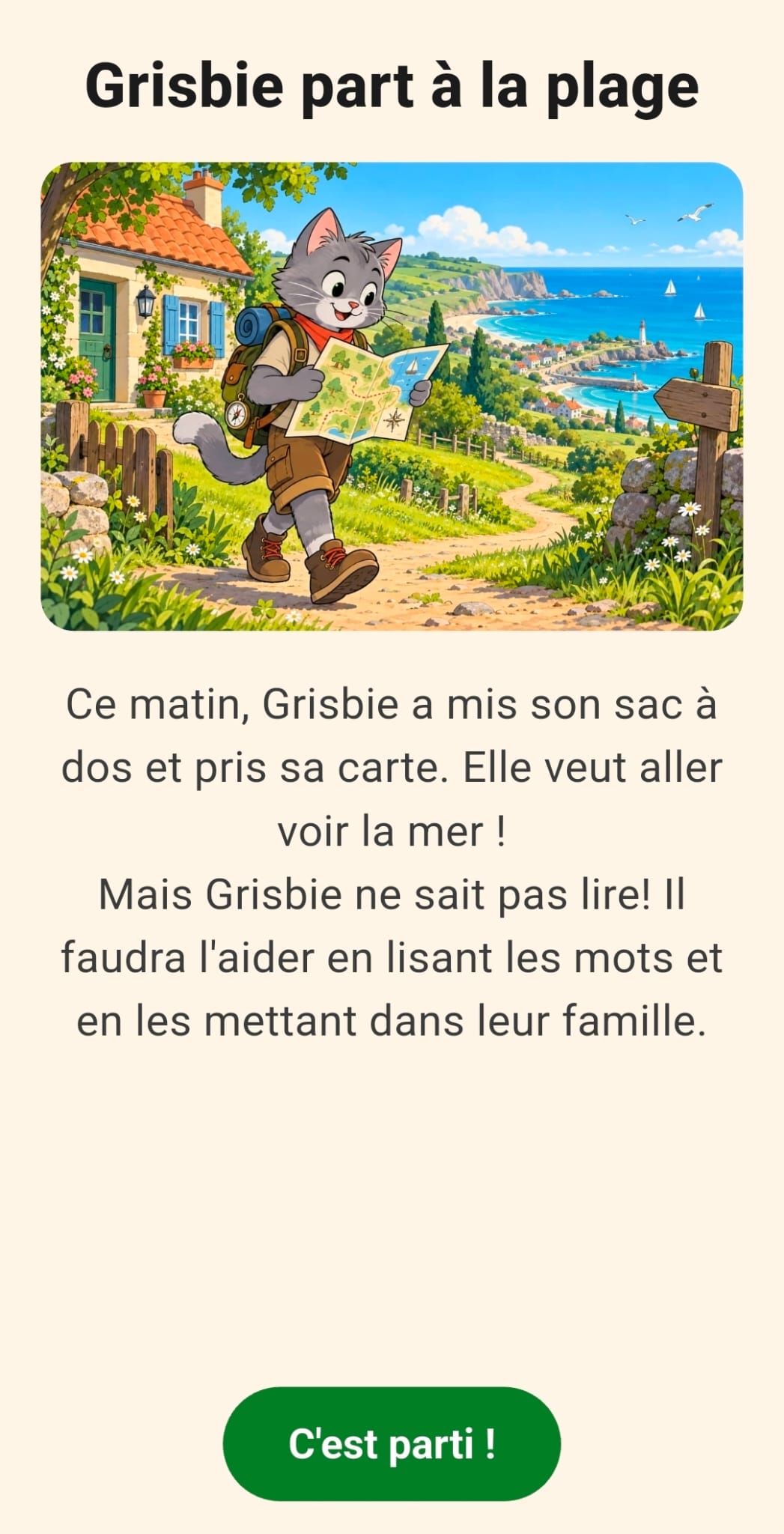 La page de garde « Grisbie part à la plage » : une illustration, quelques lignes d'histoire et le bouton C'est parti