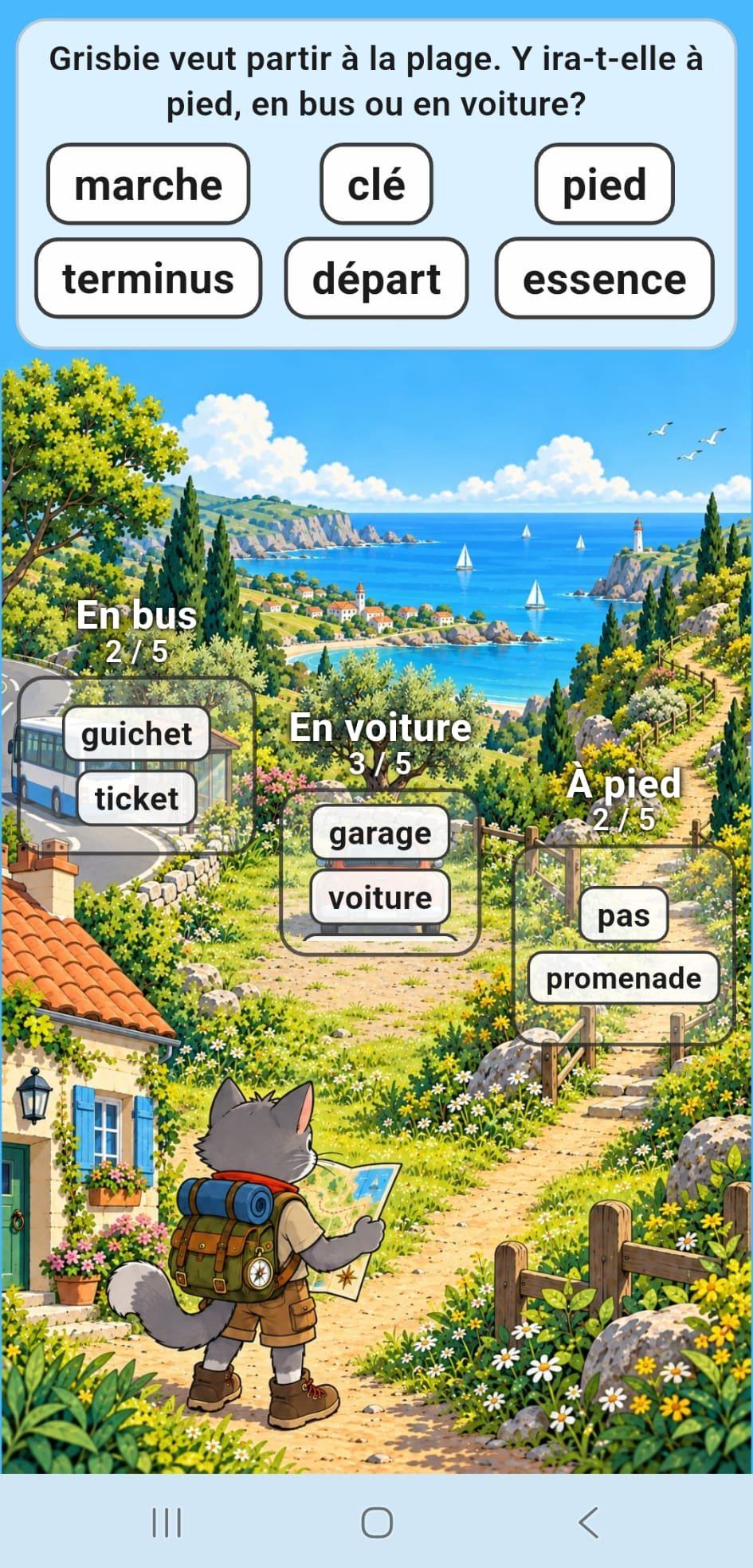 Des mots déjà rangés dans les boîtes, d'autres mots à lire en haut