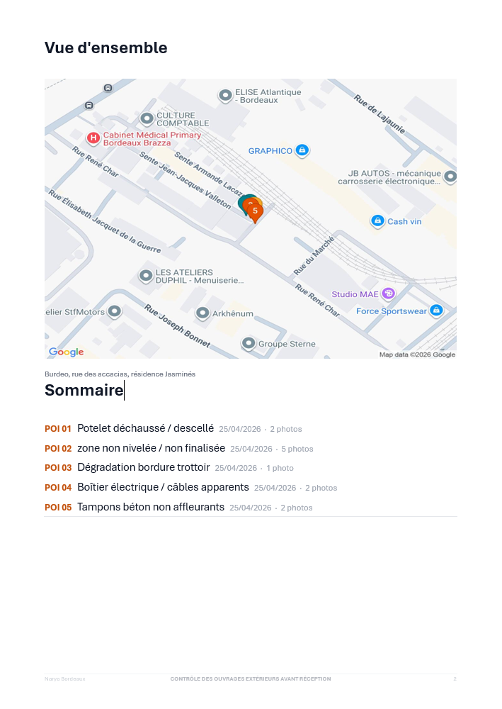 Deuxième page du rapport montrant une vue d'ensemble cartographique du site (rue des acacias, résidence Jasminés à Bordeaux) avec un marqueur POI numéroté 5 sur Google Maps, suivi d'un sommaire listant les cinq points d'intérêt : POI 01 Potelet déchaussé, POI 02 zone non nivelée, POI 03 Dégradation bordure trottoir, POI 04 Boîtier électrique câbles apparents, POI 05 Tampons béton non affleurants, chacun horodaté au 25/04/2026 avec son nombre de photos.