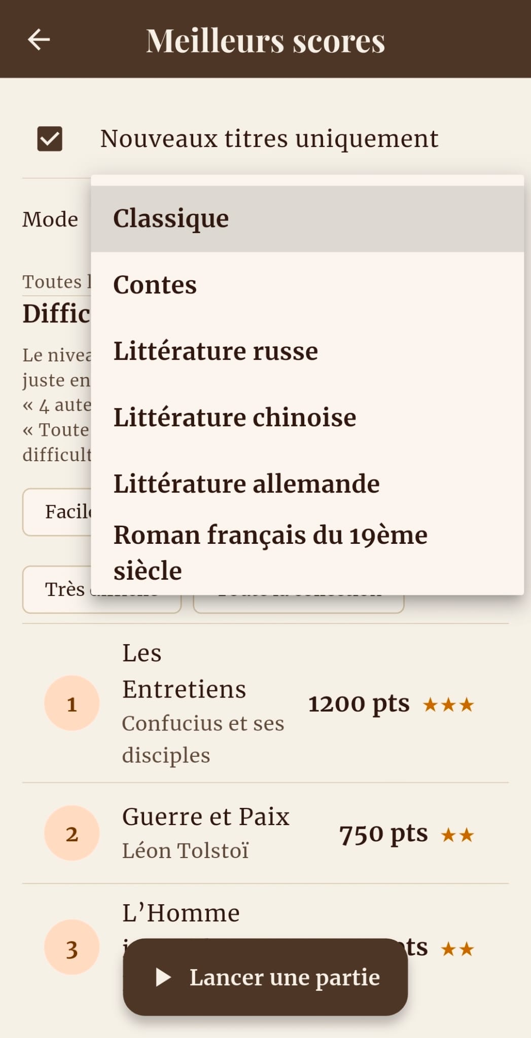 Le menu des modes de jeu : Classique, Contes, Littérature russe, chinoise, allemande, Roman français du 19ème siècle