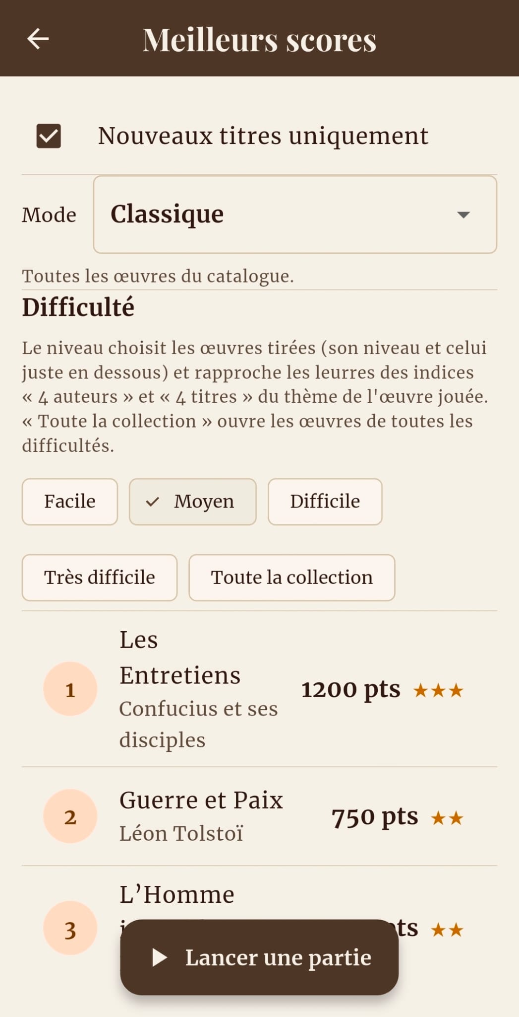 L'écran des réglages : difficulté, nouveaux titres uniquement et meilleurs scores