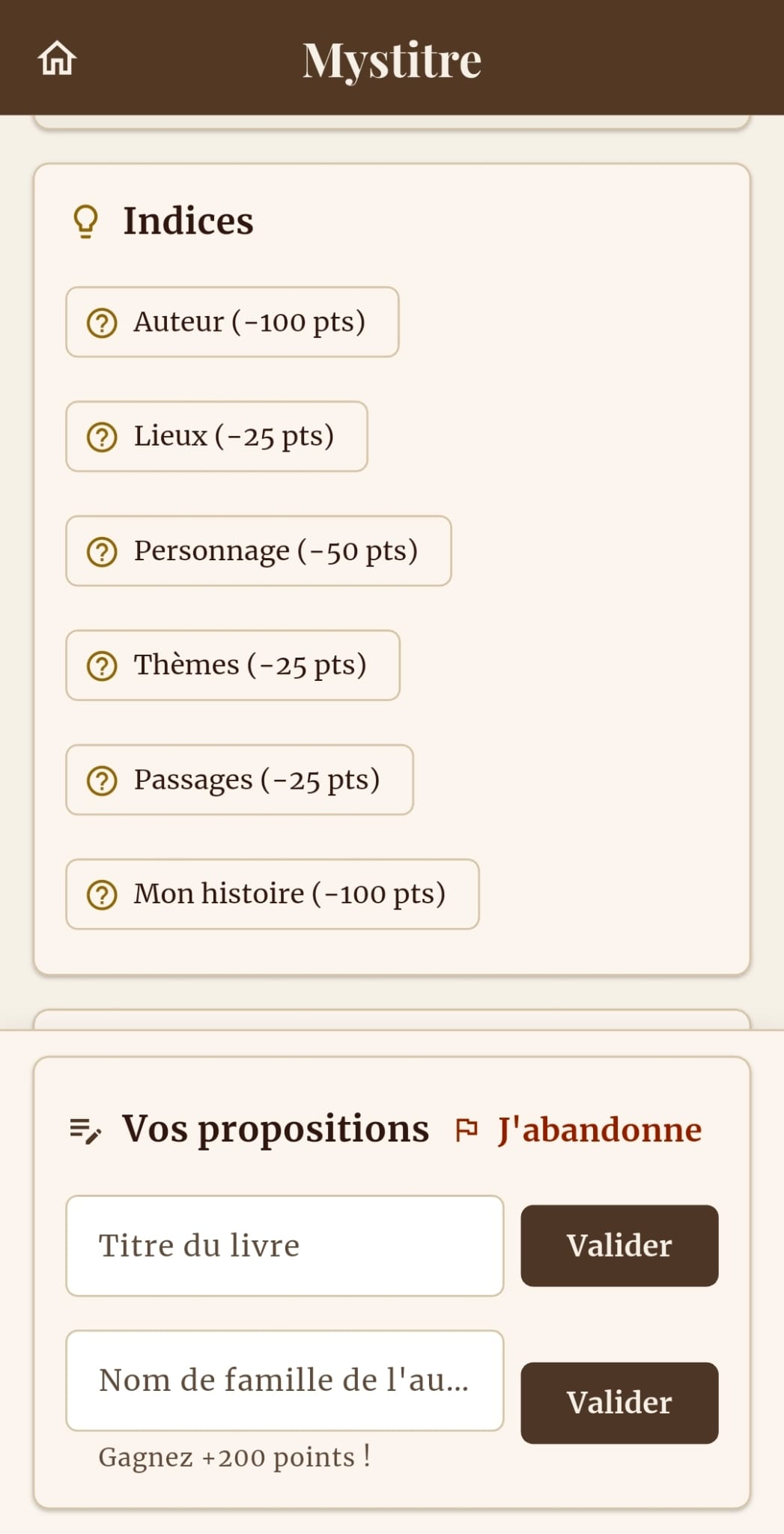 La grille des indices : auteur, lieux, personnage, thèmes, passages, mon histoire, chacun avec son coût en points