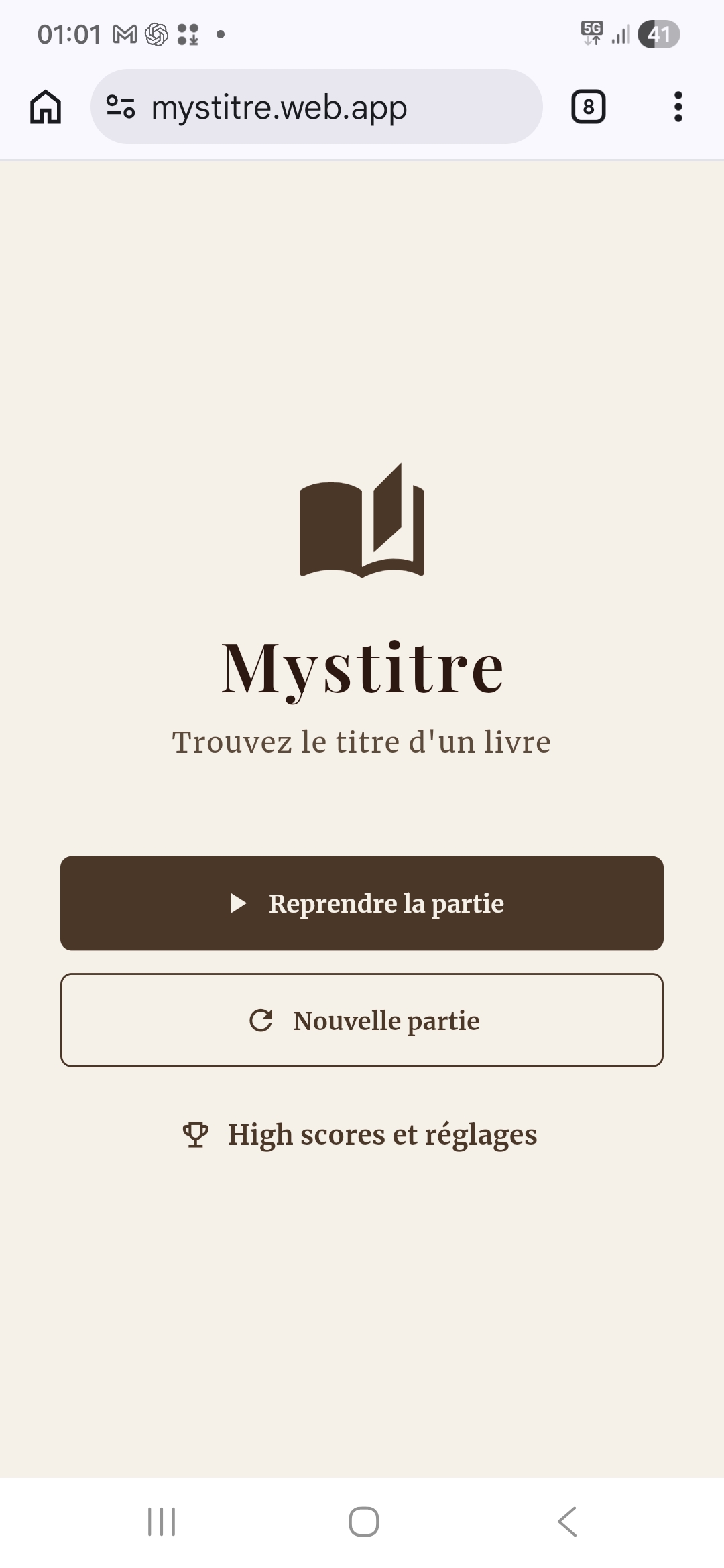 Mystitre — écran d'accueil
